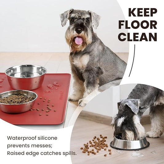 VIVAGLORY Dog Food Mat Flexmat Dog Bowl Mat, Placemat Food Tray with Raised Edges & Lip for Indoor Floor, Non Slip Waterproof Silicone Dish Placemat for Cat & Pet, L, Burgundy