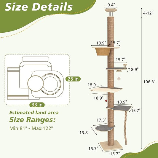 Floor to Ceiling Cat Tree, 5 Tier Cat Tower Adjustable Height (82-120 in), Tall Climbing Tree with Perches, Hammock, Scratching Post, Bed, Ball Toys, Solid Structure and Neutral Color Fit Home Decor