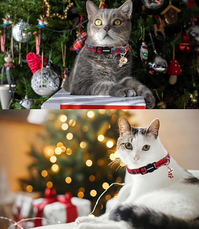 Cat Collar,2 Pack Cat Collars Breakaway with Bell, DOGWONG Safety Buckle Red Christmas Plaid Cat Collar for Girl Boy Cats and Small Dogs,Adjustable 7-12 Inch,Pet Supplies Accessories