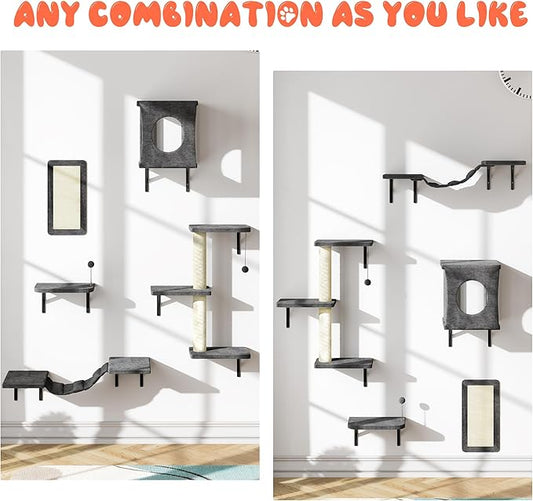 NUNU LAB Cat Wall Shelves Set, 5 Pcs Wall-Mounted Cat Climber with Condo House, Bridge Ladder, Scratching Post, Indoor Cat Furniture Set, Gray