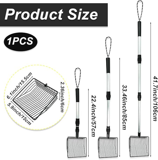 Chicken Poop Scooper 3 in 1 Adjustable Long Handle Litter Metal Scoop Heavy Duty Metal Chicken Poop Scooper Litter Sieving Shovel, Chicken Coop Accessories (22-41.7")