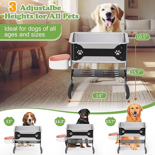 3 Gallon Elevated Large Dog Water Bowl, 3 Height Adjustable Stainless Steel Raised Dog Water Bowl Stand for Large Breed, Metal Pet Bowl Stand for Relief Joint Pressure, Easy Clean (Black)
