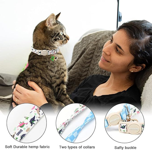 2 Pack Dinosaur Cat Collars Breakaway with Bell, DOGWONG Safety Buckle Bluee Plaid Cute Cat Collar for Girl Boy Cats,Adjustable 7-12 Inch