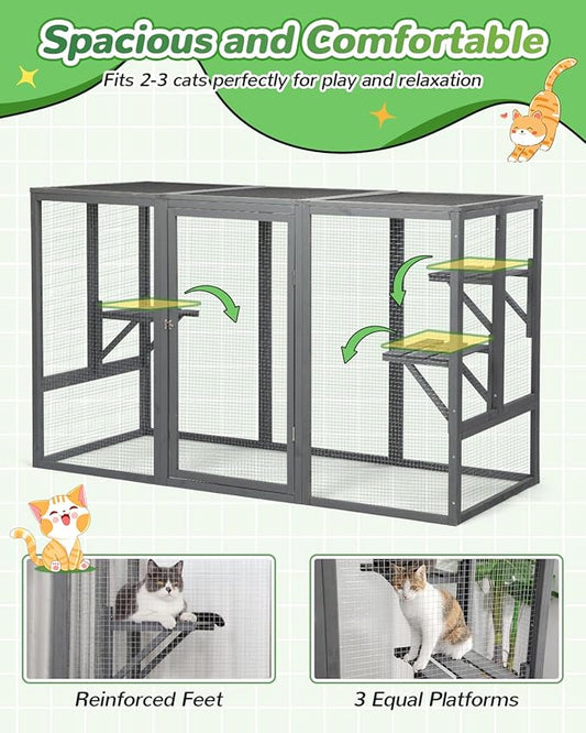 Catio Outdoor Cat Enclosure,71" L Outside Cat House Weatherproof, Wooden Large Catios for Cats Patio, Cat Houses with 3 Platforms,Grey