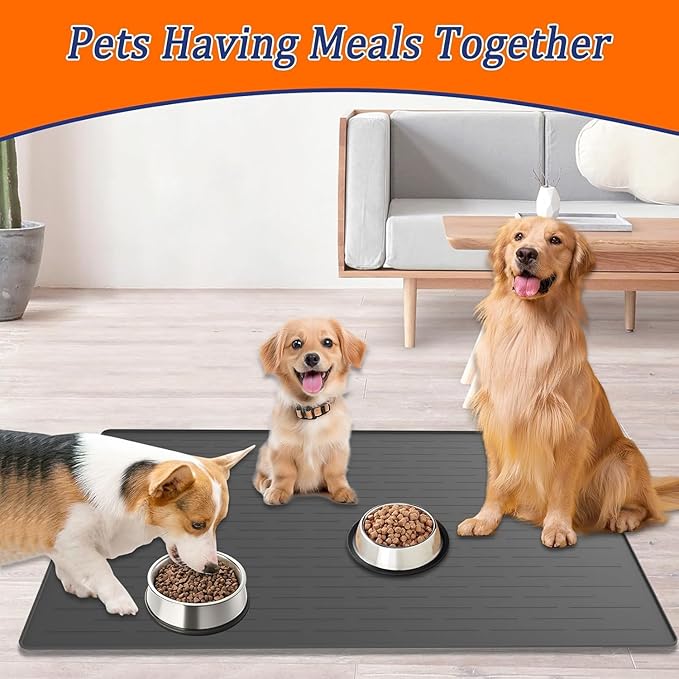 XXXXL Largest Pet Food Mat, 51.2"x25.6"(130cmx65cm) Silicone Dog Mats for Food and Water, Nonslip Pet Feeding Mats for Floors,Dog Cat Bowl Mat with Raised Edges, Black