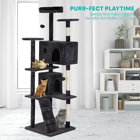 FDW | 70" Cat Tree Tower | Dark Gray | Multi-Level Indoor Activity Center with Sisal Scratching Posts, Condos, Plush Perches, Hanging Cat Toys | Sturdy, Easy to Assemble | for Kittens & Adult Cats