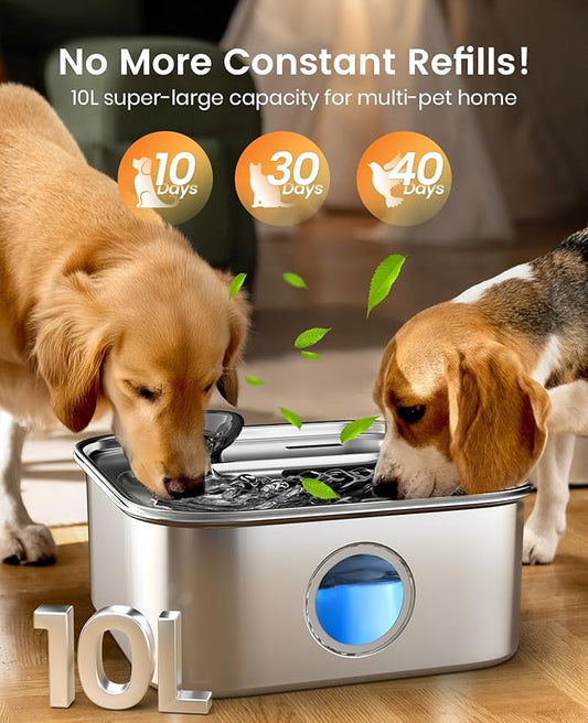 oneisall Dog Water Fountain for Large Dogs, 10L/2.6Gal Dog Fountain Water Bowl with Multi-Filtration & Deeper Drinking Aera, Large pet Water Fountain with Water Window & LED, Ultra-Quiet