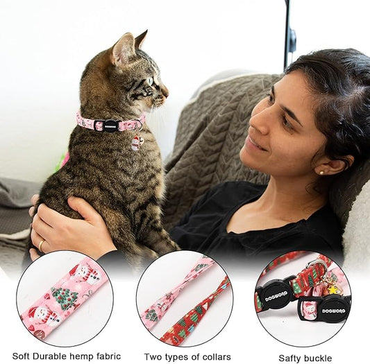 2 Pack Christmas Cat Collars Breakaway with Bell, DOGWONG Safety Buckle Christmas Snowman Cute Cat Collar for Girl Boy Cats,Adjustable 7-12 Inch