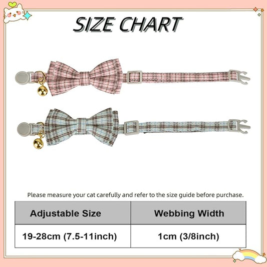 2 Pack Soft Cotton Cat Collars with Bowtie and Bell Breakaway Plaid Cat Kitten Collar(Pink and Jade Green)