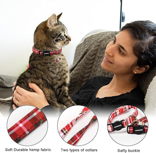 2 Pack Christmas Plaid Cat Collars Breakaway with Bell, DOGWONG Safety Buckle Red Plaid Cute Cat Collar for Girl Boy Cats,Adjustable 7-12 Inch
