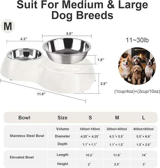 Double Dog Bowls Set – Non-Slip Pet Food & Water Dishes with Resin Stand, Includes Small (1 Cup) & Medium (2 Cups) Bowls – Ideal for Puppies and Cats – White