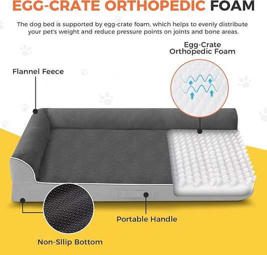 Dog Bed Large Sized Dogs, XXL Orthopedic Dog Bed for Large Dogs, Waterproof Pet Bed with Washable Removable Cover, L-Shaped Pet Couch with Portable Handle 48"x35"x7.5", Grey Flannel