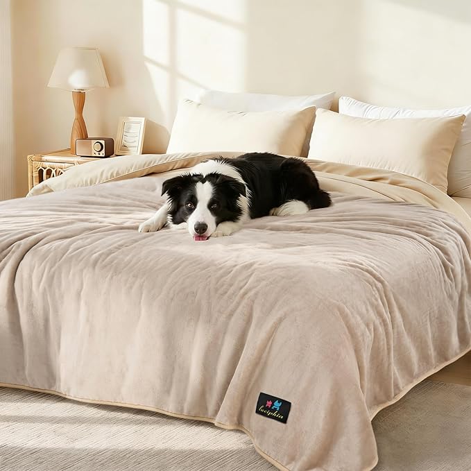 Luciphia Waterproof Pet Blanket, Liquid Pee Proof Dog Blanket for Sofa Bed Couch, Reversible Sherpa Fleece Furniture Protector Cover for Small Medium Large Dogs Cats, Khaki+Beige X-Large(85" x 57")