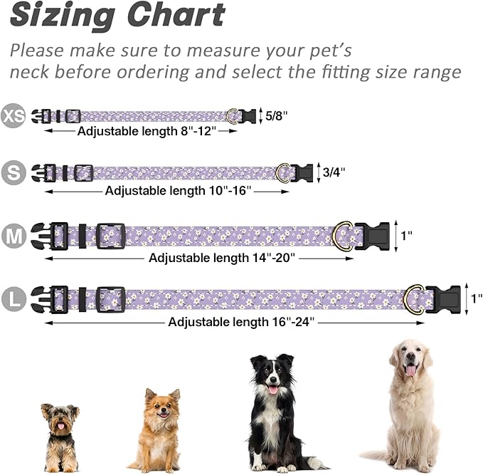 Reflective Dog Collar for Extra Small Dogs, Cute Flower Theme Adjustable Heavy-Duty Nylon Puppy Collar for Boy and Girl Female, Soft Pet Accessories with Quick Release Buckle, Purple White