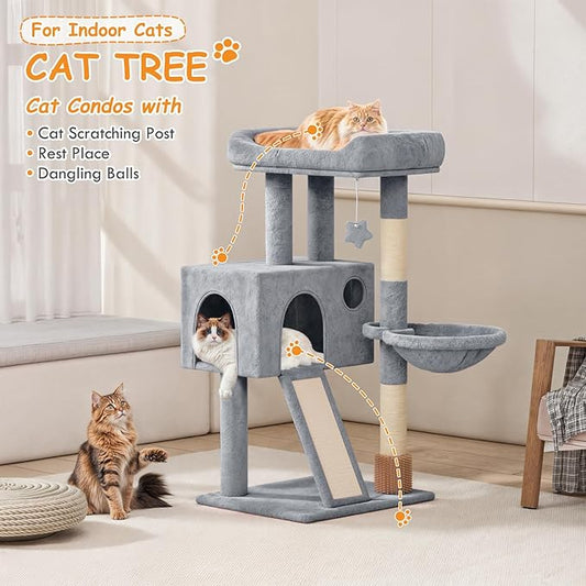 36-Inch Cat Tree Tower for Small and Medium Indoor Cats, Multi-Level Cat Furniture with Sisal Scratching Posts, Hammock, Condo & Scratching Board, Light Gray