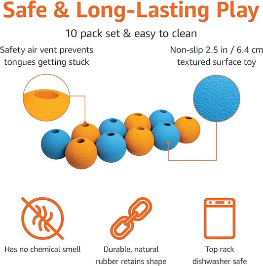 Amazon Basics Interactive Bouncy Durable Rubber Dog Toy Balls, 2.5 inch, Multi-Color Blue/Orange, Pack of 10