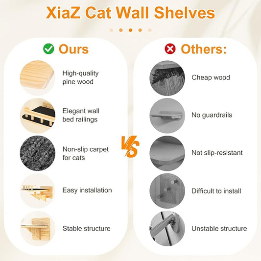 XiaZ Cat Wall Shelves, Cat Wide Climber Shelf with 3 Perch Steps, Kitty Wall Mounted Wooden Furniture up to 25lbs, Durable Floating Cats Stairs for Indoor Sleeping, Playing, Climbing and Lounging