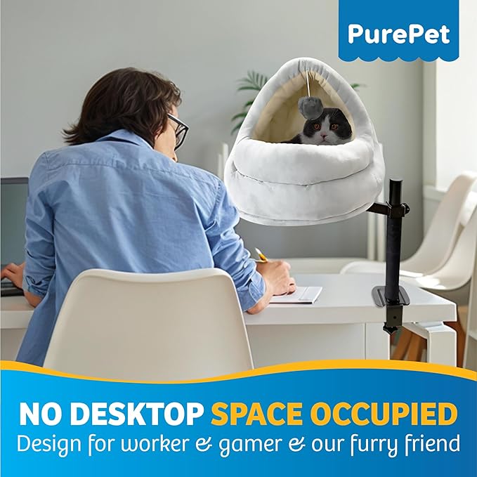 Cat Desk Bed with Scratching Post โ Elevated Modern Perch for Desk, Window, or Shelf Use โ Dual-Purpose Flat Surface or Plush Bed for Napping & Lounging โ Space-Saving Indoor Cat Furniture