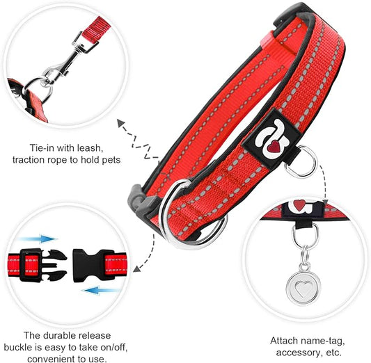 azuza Reflective Dog Collar,Soft Neoprene Padded Pet Collar with ID Tag Ring,Adjustable for Puppy and Small Dogs,Red,XS
