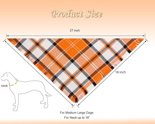 Fall Dog Bandanas,Autumn Halloween Orange Plaid Scarf,Triangle Holiday Thanksgiving Outfit for Boy and Girl Dogs,Pet Costumes for Medium to Large Dogs,2PCS Double-Sided Plaid Design with Tassels
