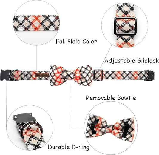 Dog Collar, Bow Dog Collar Beige Plaid Pet Collar Cute Pet Bow Soft Girl or Boy Puppy Collars with Metal Buckle Adjustable Collars for Small Dogs