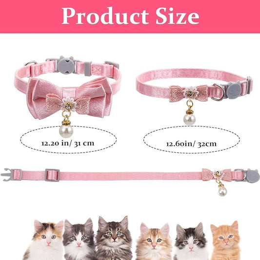 2 Pack Pink Cotton Cat Collars for Girl Cats, Cute Pearl Bow Kitten Collar Breakaway Safety Buckle Cats Pet Collars Adjustable from 7.9 to 11.8 Inches