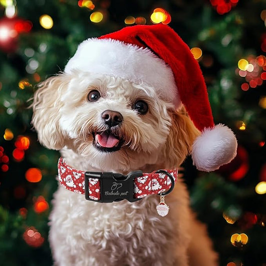 Christmas Dog Collar - Cute Red Santa Christmas Puppy Collar with Safety Buckle, Soft Adjustable Holiday Dog Collars for Small Medium Large Dogs XL