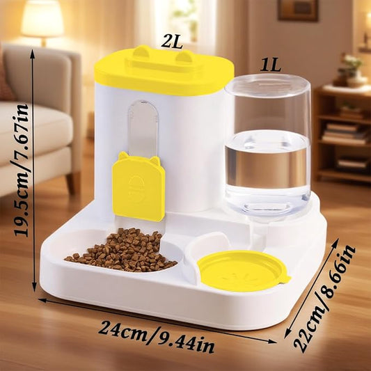 Gravity Cat Feeder and Water Dispenser, 2 in 1 Automatic Cat Feeder, 2 Pack Large Capacity Self Feeding for Small Medium Dog Puppy Kitten (Yellow)