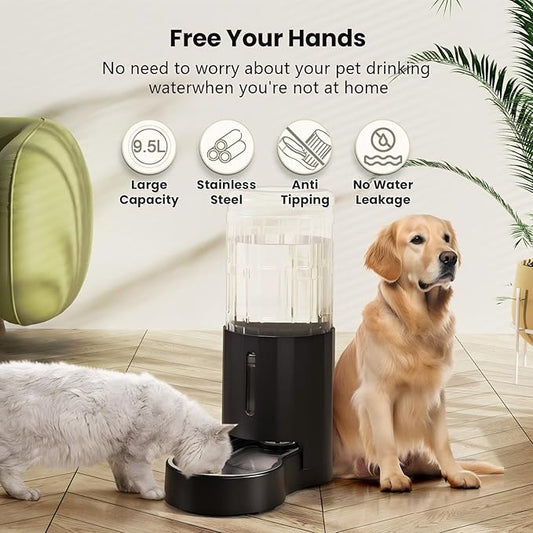 CZPET 2.5 Gallon Dog Water Bowl Dispenser, Automatic Dog and Cat Water Dispenser with Stainless Steel Bowl, Gravity Waterer, Large Capacity, and Quiet Drinking Area for Pets (9.5L,Black)
