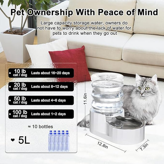 RIZZARI Dog Water Bowl Dispenser: 5L Large Stainless Steel Gravity Feeder - Leak-Proof - Detachable Bowl & Filter Instruction - Easy to Use for Busy Multi-Pet Owners with Small Puppies & Kittens