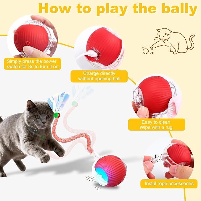 3-Pack Interactive Cat Toys Ball for indoor Cats&Dog,Automatic Cat Toy with Smart Obstacle Avoidance Ball with Elastic Mesh Tail,8 Cat Spiral Spring,Cat Enrichment Toys for Indoor Cats(RedYellowBlue)