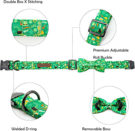 Lionheart glory Dog Bow Collar St. Patrick's Day Dog Collar for Small Dogs, Adjustable Green Collars Lucky Clover Shamrock Dog Collar with Bowtie Pet Collar Bows