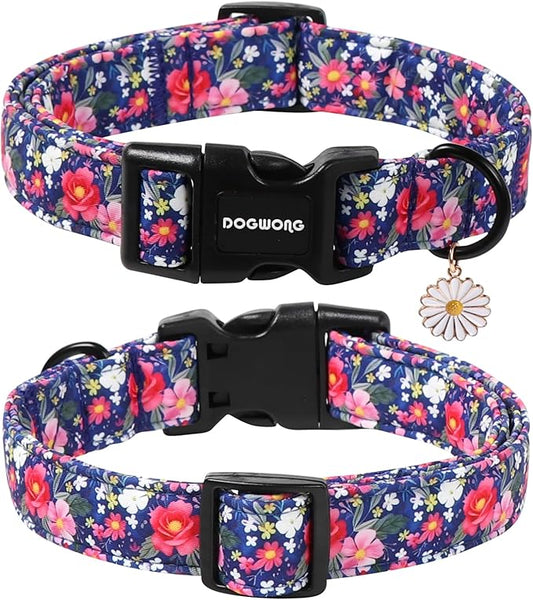 DOGWONG Blue Flower Dog Collar, Cute Adjustable Floral Collar, Girl Female Dog Collar with Strong Plastic Buckle for Small Medium Large Dogs,S