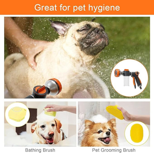 Dog Wash Hose, 8 Way Spray Pattern Garden Hose Nozzle with Soap Dispenser, Dog Wash Supplies with 2 type Dog Bath Brush, 4 extra connectors, Car Washing Mitt