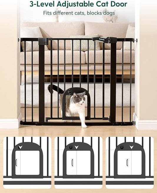 Babelio Baby Gate with Cat Door, CatPrivilege Ⅲ, Extra Wide 29-55" Cat Gate, 30" Tall Pressure Mounted Safety Gate for Large Openings, Stairs & Doorways, Auto Close, Black