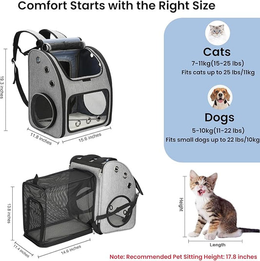 Expandable Pet Carrier Backpack for Cats, Dogs and Small Animals, Portable Pet Travel Carrier, Super Ventilated Design, Airline Approved, Ideal for Traveling/Hiking/Camping, Grey, XL
