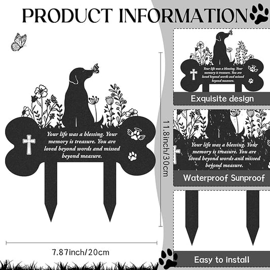 Dog Memorial Grave Stakes - Metal Black Flowers Loss Pets Cemetery Markers Decorations for Humans Butterfly Lover Plaques Decor for Outdoor Yard Custom Bone Sympathy Garden Remembrance Signs