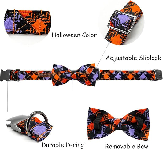 Halloween Dog Collar, Pet Collar Bow Plaid Collars Girl Boy Holiday Pet Collars Gift Bow Dog Collar Cute Soft Puppy Collar for Small Dogs