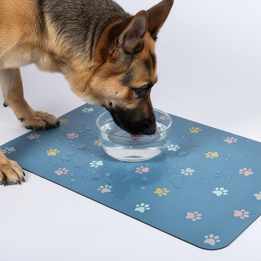 Cat Food Mat Absorbent Dog Mat for Food and Water Non Slip Quick Dry Dog Bowl Mats for Floors 24" X 16" Paw Lake Blue
