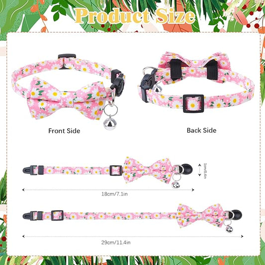 4 Pcs Breakaway Cat Collar with Bow Tie and Bell Floral Cat Kitten Collar with Removable Bowtie Adjustable Safety Collars for Girl Cats