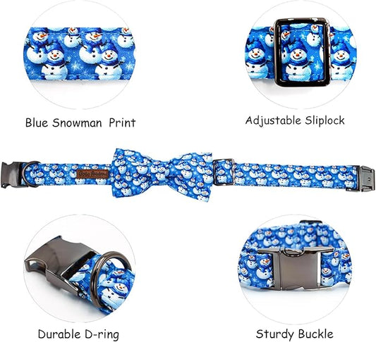 Christmas Dog Collar, Cotton Winter Dog Collars with Bow Cute Blue Snowman Pet Collar Removable Blue White Winter Pet Collars with Metal Buckle for X-Small Girl and Boy Dogs