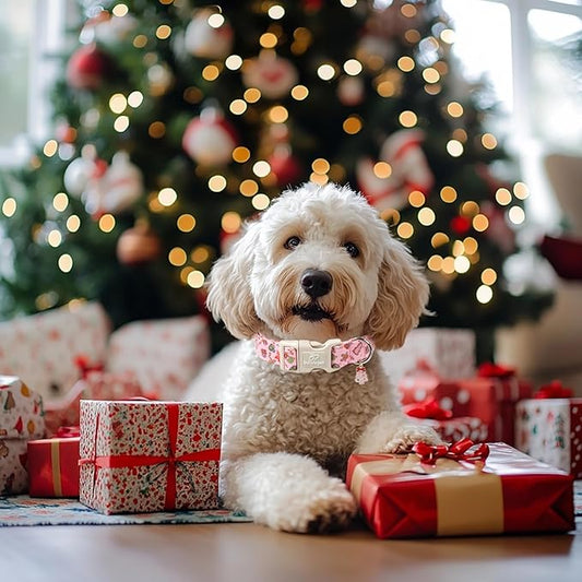 Christmas Dog Collar - Cute Pink Cozy Christmas Puppy Collar with Safety Buckle, Soft Adjustable Holiday Dog Collars for Small Medium Large Dogs XL