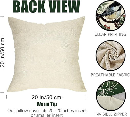 Fahrendom Hello Winter Green Decorative Throw Pillow Covers 20 x 20 Set of 4, Chickadee Pine Needle Branch Porch Patio Outdoor Pillowcase, Christmas Pine Cone Red Berry Sofa Cushion Case Home Decor