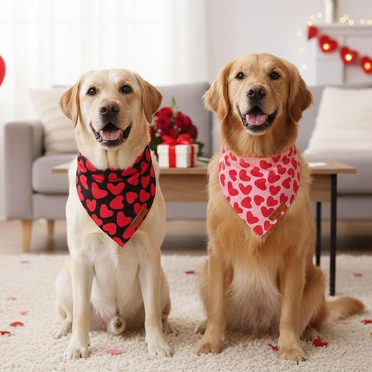 ADOGGYGO Valentine Dog Bandana 2 Pack, Reversible Red Pink Heart Pet Scarf Bib, Adjustable Fit Valentine Bandanas for Extra Large Dogs (X-Large)