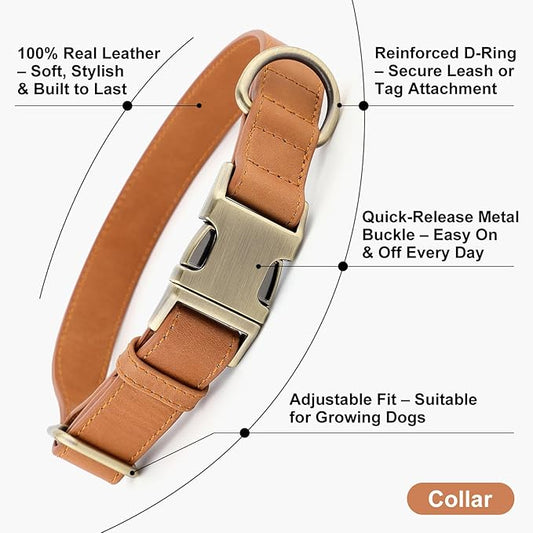Plutus Pet Genuine Leather Dog Collar – Adjustable Pet Collar with Quick Release Metal Buckle, Soft Real Leather for Small Medium Large Dogs, Heavy Duty & Skin-Friendly (Light Brown, L)