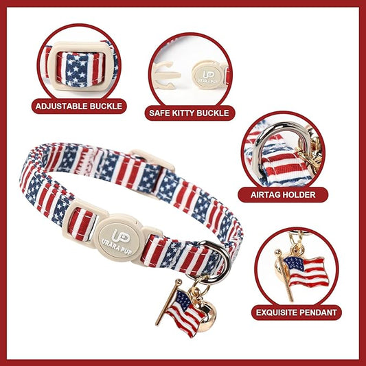 4th 0f July Cat Collar,2Pack Patriotic Day Kitten Collars Cute Flag Breakaway Kitty Collars,Summer Baseball Blue Cat Collar with Bell, for Girl & Boy Cats
