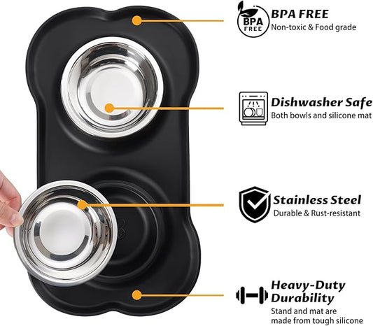 Hubulk Pet Dog Bowls 2 Stainless Steel Dog Bowl with No Spill Non-Skid Silicone Mat + Pet Food Scoop Water and Food Feeder Bowls for Feeding Small Medium Large Dogs Cats Puppies (Extra Large, Black)