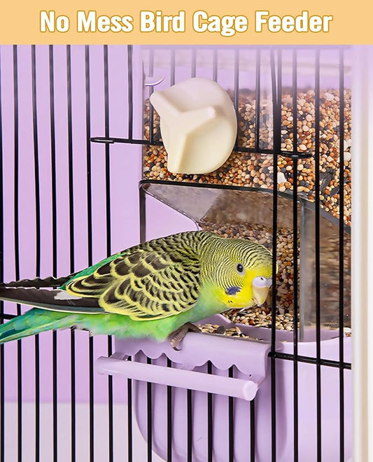 BNOSDM No Mess Bird Cage Feeders Automatic Bird Feeder Parrot Cage Accessories Transparent Seed Food Container with Perch for Finches, Parakeets, Budgies, Lovebirds, Cockatoos, Canaries(Purple)