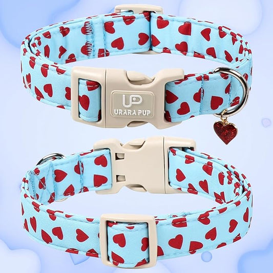 Valentine's Dog Collar, UP URARA PUP Pink Heart Adjustable Pet Collar with Bowknot Charm, Wedding Dog Accessories for Small Medium Large Dogs