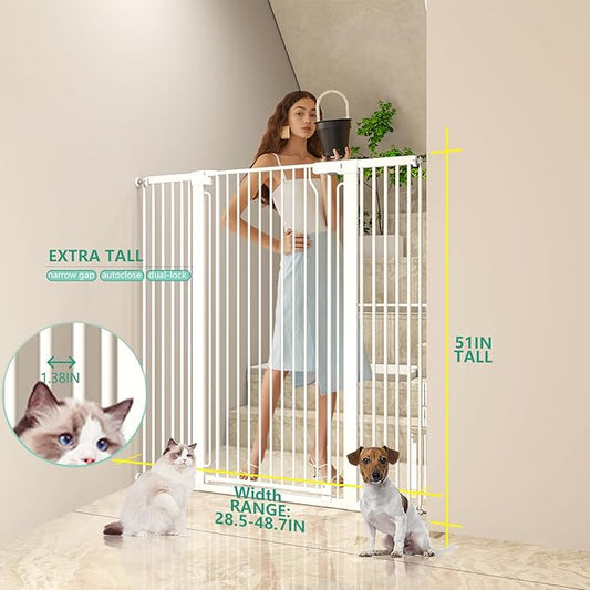 51" Extra Tall Cat Gate 28.5"-48.7" Wide, Auto Close, Pressure Mounted, for Cats & Small Dogs, Hallway, Stairs, Kitchen, Not Baby Gate,White